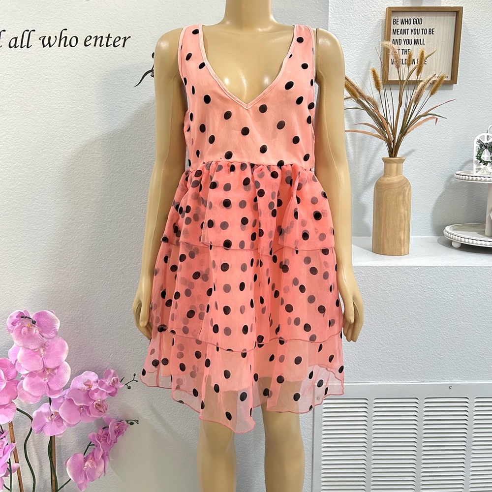 Dusty Daze Pink & Black Polka Dot Dress Womens Size L Large Sleeveless Tutu